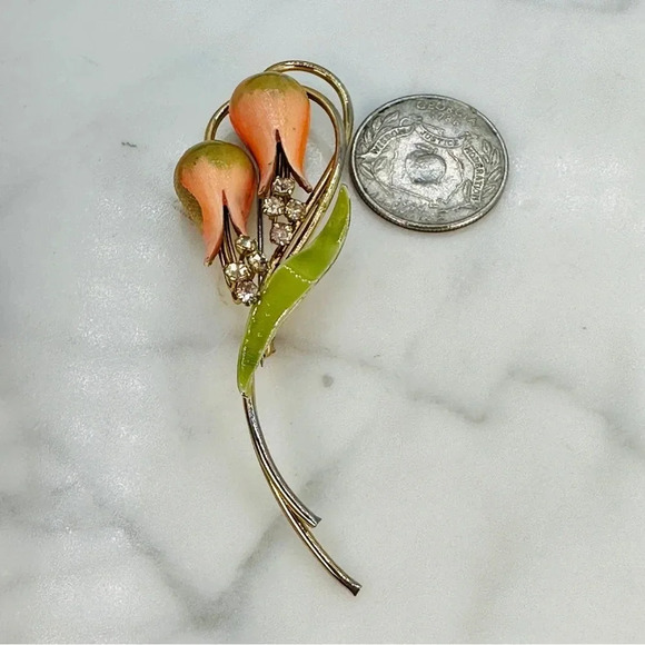 Vintage Flower Brooch Enamel Rhinestone PinTulip Lilly Long Peach Green … - Picture 5 of 11